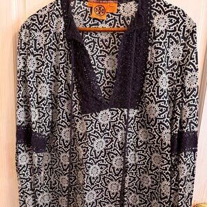 Tory Burch Blue / White Printed Tunic w/ Tassels and Crochet Lace SZ 12